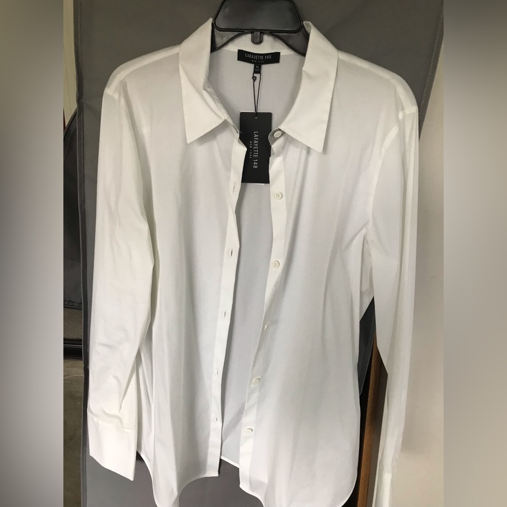 Lovely white Lafayette blouse. Never worn. Buttons & beautiful trim on collar.XL